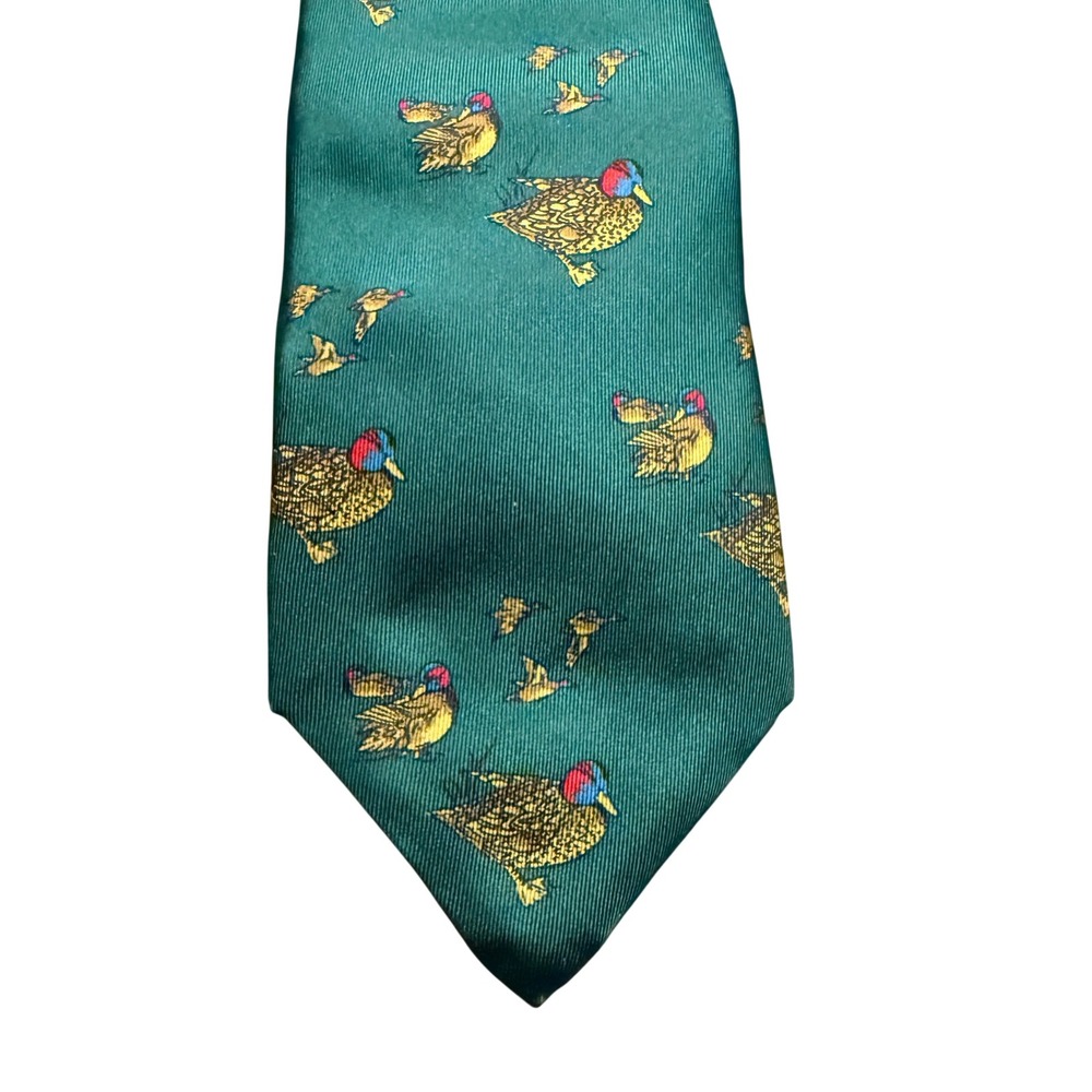 The Bentley Forest Green Mallard Duck Waterfowl Print Silk Blend Necktie preppy